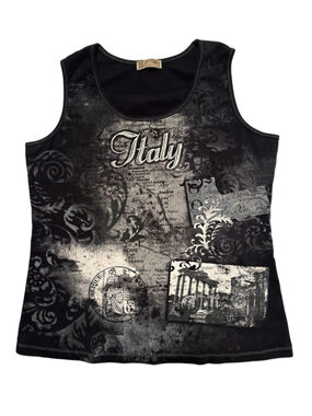 Sparkling Black Italy Tank Top Rhinestones Womens XL Italy Map Blue Canyon